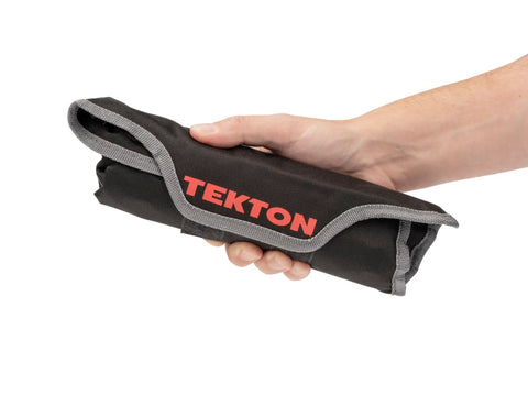 Hand holding Nine Tool Wrench Roll Organizer for stubby wrenches from one quarter to three quarters inch, durable black pouch.