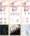 All-In-One Snap Button Set With Pliers Kit For DIY Sewing And Crafting, showing different snaps and pliers applications on fabric
