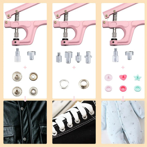 All-In-One Snap Button Set With Pliers Kit For DIY Sewing And Crafting, showing different snaps and pliers applications on fabric