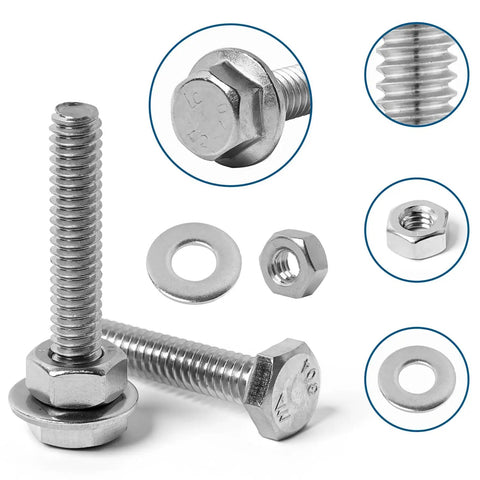 Stainless Steel 304 1/4-20 Flange Hex Bolts Kit With Nuts And Flat Washers, Fully Threaded Bolts In 1/2, 3/4, 1, 1-1/4, 1-1/2, 1-3/4, And 2 Inch Lengths, Great For Auto, Outdoor, And DIY Projects, with bolts, nut, and washer