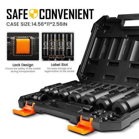 1/2 Inch Drive SAE Impact Socket Set 3/8 to 1-1/2 Inch 6-Point Deep Sockets With Portable Case Rugged CR-V Steel 24-Piece Kit