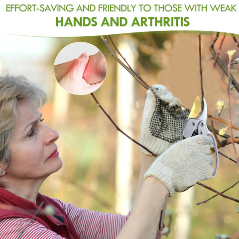 Woman using Ratcheting Garden Pruners For Easy Pruning Of Roses Flowers Hedges And Trees With Germany Titanium Blades