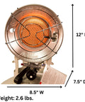 Front view of Tank Top Propane Heater For Outdoor Job Sites, 9,000 13,000 15,000 BTU Portable Space Heater with dimensions