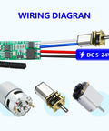 Wiring diagram for Mini Wireless 12V DC Motor Remote Control Switch with 5V-24V Micro Receiver and various DC motors.