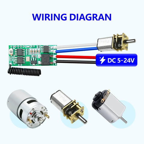 Wiring diagram for Mini Wireless 12V DC Motor Remote Control Switch with 5V-24V Micro Receiver and various DC motors.