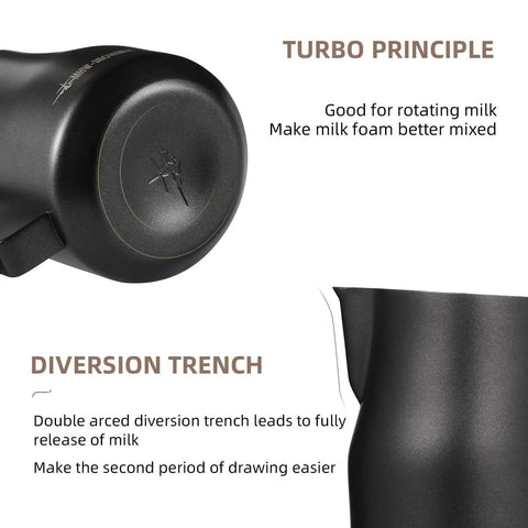 Close-up view of black round spout on 12 Oz Stainless Steel Milk Frothing Pitcher For Espresso And Latte Art, showing turbo design.