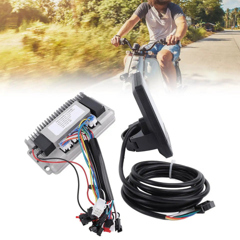 1000W 38A Electric Bike Brushless Motor Controller With TFT Screen And LCD Display 60V, cables and bike ride scene