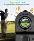Golfer using Game Changer Golf Rangefinder With Slope Compensation, 1800 Yard Laser, flagpole lock feature, golf course view.