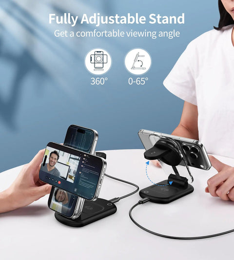 3 In 1 Magnetic Wireless Charging Station With MagSafe Foldable Travel Charger Stand And Night Light for iPhone on desk
