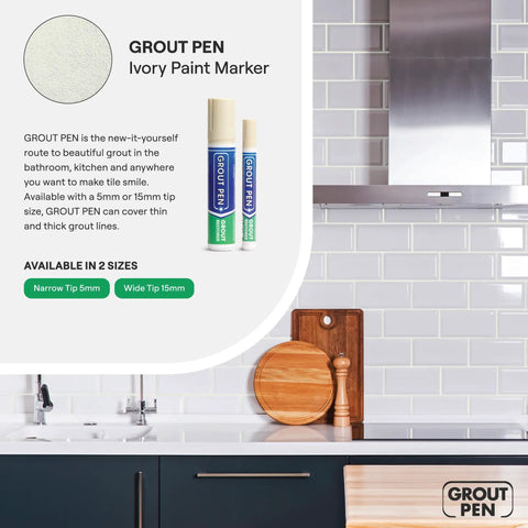 Ivory Grout Pen Tile Paint Marker Waterproof Colorant Sealer 5mm Diy 2 Pack displayed beside kitchen tiles.