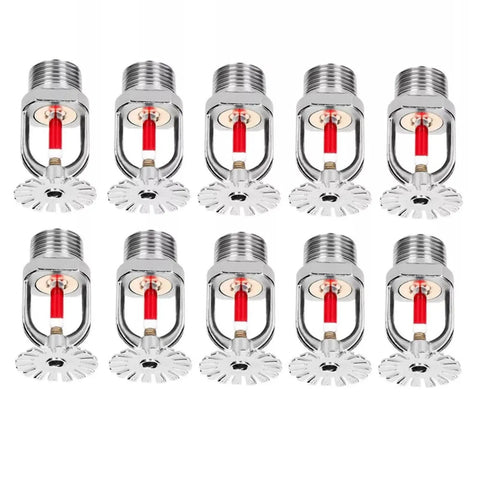 Ten Pack Pendent Fire Sprinkler Heads With Red Glass Bulbs And Quick Response Valves Rated For 68 Celsius 155 Fahrenheit Heat in silver finish.