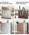 Comparison of Stainless Steel Magnetic Knife Holder Rack With Wood Base For Kitchen Countertop Double Sided Magnets Storage Stand Keeps Knives Secure Holds Up To 8 Inch Blades And Looks Sweet On The Counter showcasing strong and weak magnetic effects.