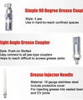 Close-up of Simple 90 Degree Grease Coupler, Right Angle Grease Coupler, and Grease Injector Needle from Grease Gun Tip and 9-Piece Quick Connect Coupler Kit with Pouch, Pro Grade Grease Fittings Set, Leak-Free Convenience for Troublesome Zerks, All-In-One Lube Accessory Kit for Home Shop Maintenance.