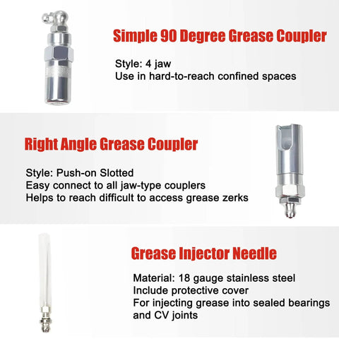 Close-up of Simple 90 Degree Grease Coupler, Right Angle Grease Coupler, and Grease Injector Needle from Grease Gun Tip and 9-Piece Quick Connect Coupler Kit with Pouch, Pro Grade Grease Fittings Set, Leak-Free Convenience for Troublesome Zerks, All-In-One Lube Accessory Kit for Home Shop Maintenance.