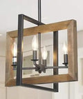 Rustic Farmhouse Chandelier Pendant Light for Dining Room and Kitchen Island with Distressed Wood and Black Metal Finish Openwork Frame