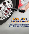 Beefy Heavy Duty Lug Nut Cover Remover Socket 33 mm For Semi Trucks 11 Inch Length Universal Fit in use on truck wheel