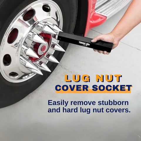 Beefy Heavy Duty Lug Nut Cover Remover Socket 33 mm For Semi Trucks 11 Inch Length Universal Fit in use on truck wheel