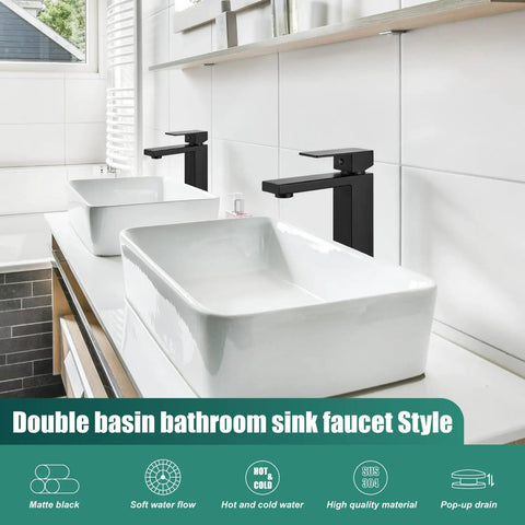 Dope Matte Black Vessel Sink Faucet With Tall Body, Single Hole Deck Mount, SUS304 Stainless Steel, modern double sink setup