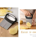 Zemcxney stainless steel crinkle cutter with black handle; veggie slicer for potatoes, cucumbers, and carrots.