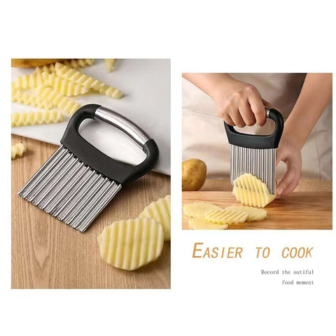 Zemcxney stainless steel crinkle cutter with black handle; veggie slicer for potatoes, cucumbers, and carrots.