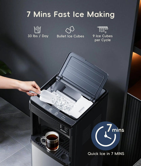 4 In 1 Water Dispenser With Ice Maker, Hot And Cold Water Cooler with open ice tray and brewing coffee, Child Safety Lock, Eco Mode