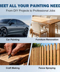 Collage of painting applications: car painting, furniture renovation, craft making, and fence spraying with Pro Grade HVLP Spray Gun.