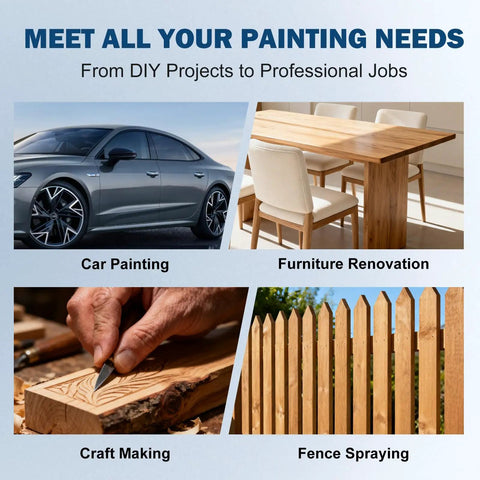 Collage of painting applications: car painting, furniture renovation, craft making, and fence spraying with Pro Grade HVLP Spray Gun.