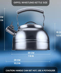 Front view of Whistling Tea Kettle For Stovetop 2.3 Quart Stainless Steel Teapot with ergonomic handle and spout, shown with dimensions.