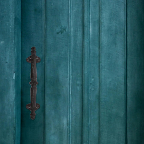 Rustic Cast Iron Outdoor Gate Handle With Knob Pulls For Garden Fence And Cabinet Hardware mounted on teal wooden gate