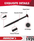 Detailed view of black drywall screw with bugle head, sharp point, coarse threads, and #2 Phillips for Wood and Metal.