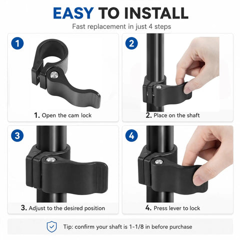 Step-by-step guide to installing Cam Lock Depth Collar Assembly for trolling motors on a 1-1/8 inch shaft.