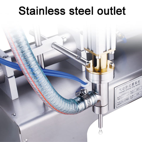 Heavy Duty Horizontal Pneumatic Piston Liquid Filling Machine Stainless Steel double head outlet with hose for precise filling.