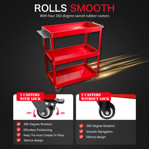 Updated 3 Tier Rolling Tool Cart With Wheels, Heavy Duty Steel Utility Cart, ergonomic handle, 330 lb load capacity