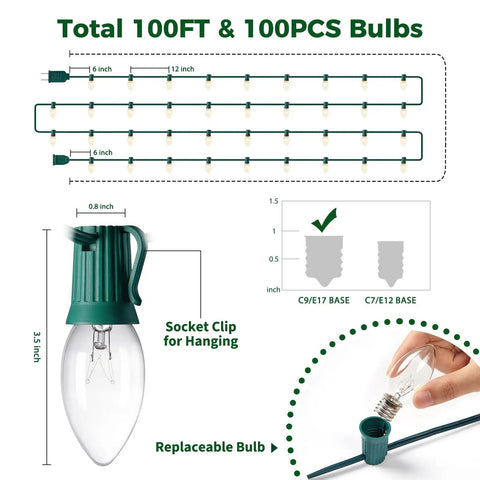 Diagram of Vintage Clear C9 Christmas String Lights 100 Ft Outdoor Waterproof Lights with 100 Glass Bulbs on Green Wire.