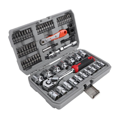 64 Piece Three Eighths Inch Ratchet Socket Set Beefy Build Heavy Duty Durable Steel With 72 Tooth Ratchet in toolbox
