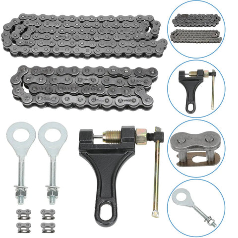 420 Chain Replacement Kit For Mini Bikes And Powersports with 42-link drive chain, 90-link rear chain, tensioners, and breaker tool