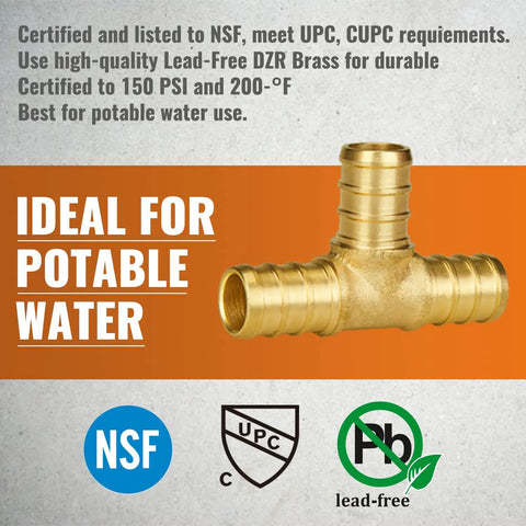 One Half Inch PEX Tee Fittings Pack Of 25 Lead Free Brass Plumbing Fittings NSF Certified shown with certifications