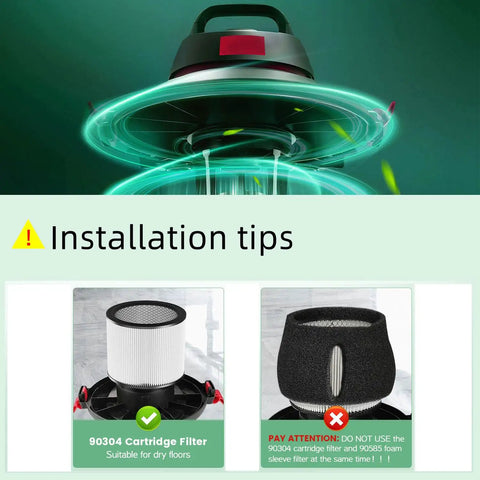 Pro Grade Replacement Filter Set For Wet Dry Vacuum Cleaners 5 Gallon And Above installation tips showing 90304 filter use