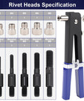 Ultimate 430 Piece Metric Rivet Nut Tool Kit With Manual Gun, M3 To M8 Assortment For Furniture Decor Auto Marine And Industrial Projects, Super Value Set. Rivet heads specification chart with manual gun, M3-M8 mandrels and nuts