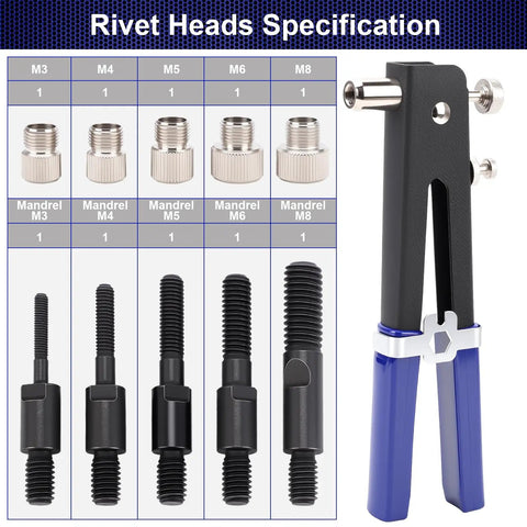 Ultimate 430 Piece Metric Rivet Nut Tool Kit With Manual Gun, M3 To M8 Assortment For Furniture Decor Auto Marine And Industrial Projects, Super Value Set. Rivet heads specification chart with manual gun, M3-M8 mandrels and nuts