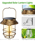 Two Pack Solar Lanterns Outdoor Waterproof Hanging Lights With Wall Hooks Retro Metal Lanterns Auto On Off For Garden Porch Patio Yard Decor High Brightness Warm Glow Durable Weatherproof Outdoor Lighting rustic bronze finish with wall hook and bright bulb
