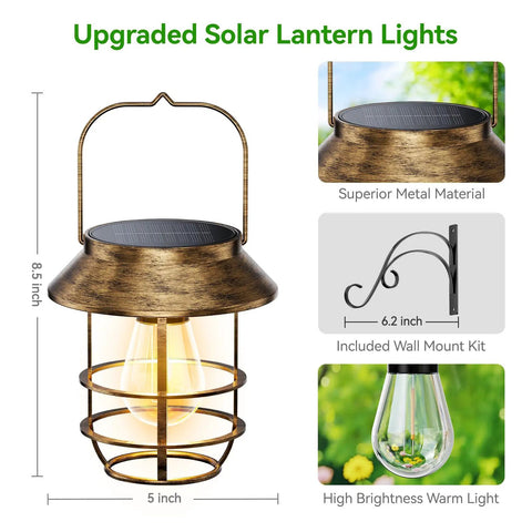 Two Pack Solar Lanterns Outdoor Waterproof Hanging Lights With Wall Hooks Retro Metal Lanterns Auto On Off For Garden Porch Patio Yard Decor High Brightness Warm Glow Durable Weatherproof Outdoor Lighting rustic bronze finish with wall hook and bright bulb