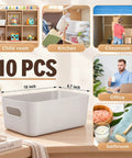 Ten Pack Gray White Plastic Storage Bins With Reinforced Handles For Home Organization And Closet Pantry Use Stackable Small Containers dimensions 10x6.7x4 inches.