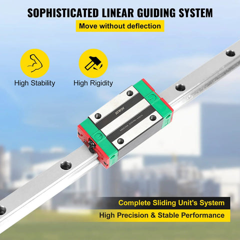Angled front view of linear guide rail with red/green end caps and silver carriage block.