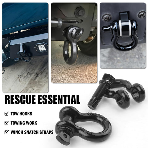 Heavy Duty Two Pack Half Inch D Ring Shackles With Five Eighths Inch Pins Eight Ton Breaking Strength And Two Ton Working Load Limit Ideal Vehicle Recovery And Winch Accessory For Off Roaders shown in use on vehicles