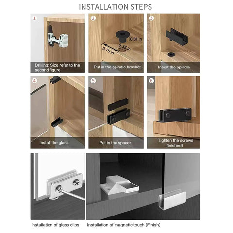 Installation steps for Stainless Steel Glass Door Pivot Hinges And Clamp Set For Free Swinging 5-8mm Glass Doors, Includes Double Magnetic Catch Latches And Glass Clamps, Easy Install No Drilling, Rust Resistant Black Finish.