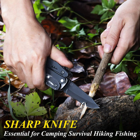 Using Everyday Carry 18 In 1 Multitool Pocket Knife With Pliers Saw Corkscrew Detachable Scissors on stick outdoors