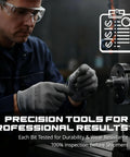 Person inspecting CNC router bit set for precision and durability testing, with focus on 10 Piece CNC Router Bit Set With One Eighth Inch Shank Upcut End Mills TAC Coated Solid Carbide Two Flute Spiral Cutters For Wood And PVC Engraving One Thirty Second Inch Cutting Diameter One And One Half Inch Total Length