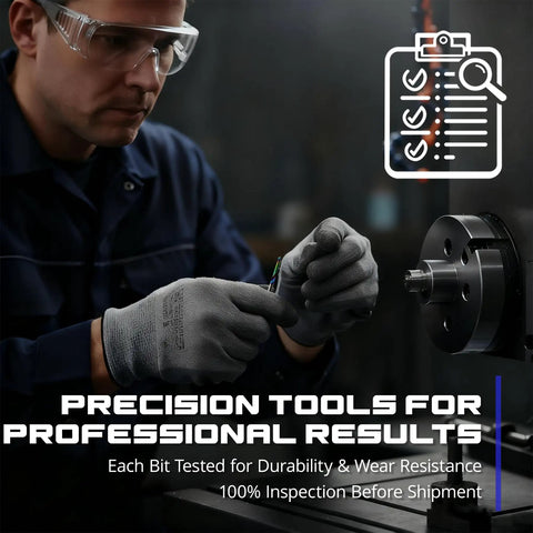 Person inspecting CNC router bit set for precision and durability testing, with focus on 10 Piece CNC Router Bit Set With One Eighth Inch Shank Upcut End Mills TAC Coated Solid Carbide Two Flute Spiral Cutters For Wood And PVC Engraving One Thirty Second Inch Cutting Diameter One And One Half Inch Total Length