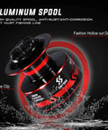 Red 7000 Spinning Fishing Reel With Ultra Smooth Action 12 Ball Bearings Instant Anti Reverse Beefy Power For All Day Casting In Freshwater Or Light Saltwater, featuring aluminum spool and line clip